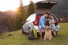 Couple with their dog sitting on the tailgate of their mini van having a picnic - cheap car insurance.