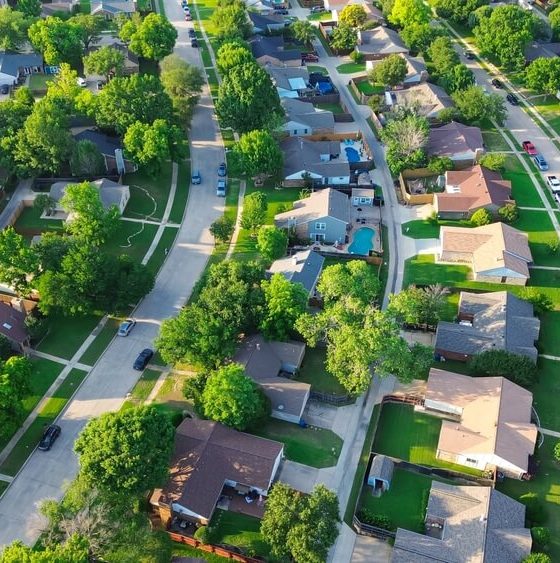 Aerial view of neighborhood.