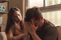 Man upset with head in his hands while his wife comforts him.