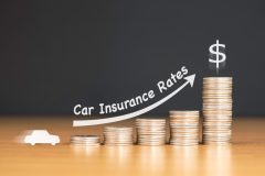 Increasing stacks of coins with a car at the beginning and an arrow going up, concept of increasing car insurance prices - cheap car insurance in California.