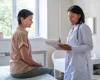 A young woman sits on an exam table while her doctor talks to her - cheap health insurance in California.