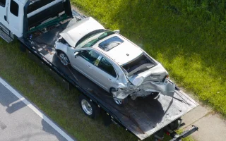 Tow truck hauling smashed vehicle on car accident site, cheap car insurance.