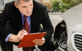 Insurance adjuster checking broken car after accident, cheap car insurance at Acceptance.