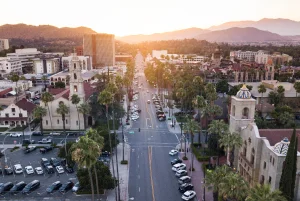 Sunset aerial view of downtown Riverside – cheap car insurance in California.