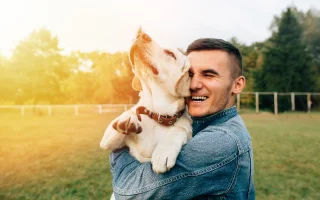 Happy young man holding dog Labrador in hands at sunset outdoors.