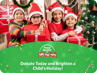 Banner with a group of children holding gifts and 'Proud Sponsor of Toys for Tots' logo.